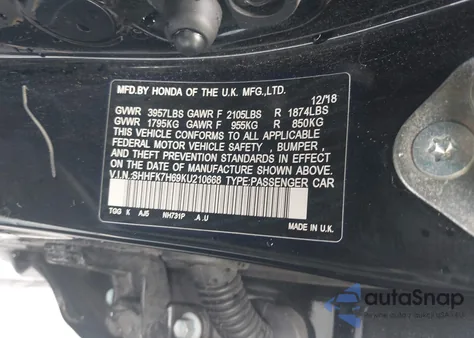 2019 Honda Civic Ex z USA, uszkodzony, nr VIN SHHFK7H69KU210668